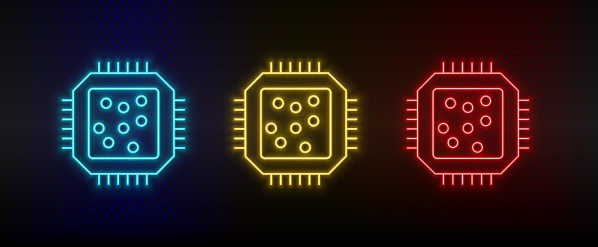 Neon icon set Cpu hardware. Set of red, blue, yellow neon vector icon on transparency dark background