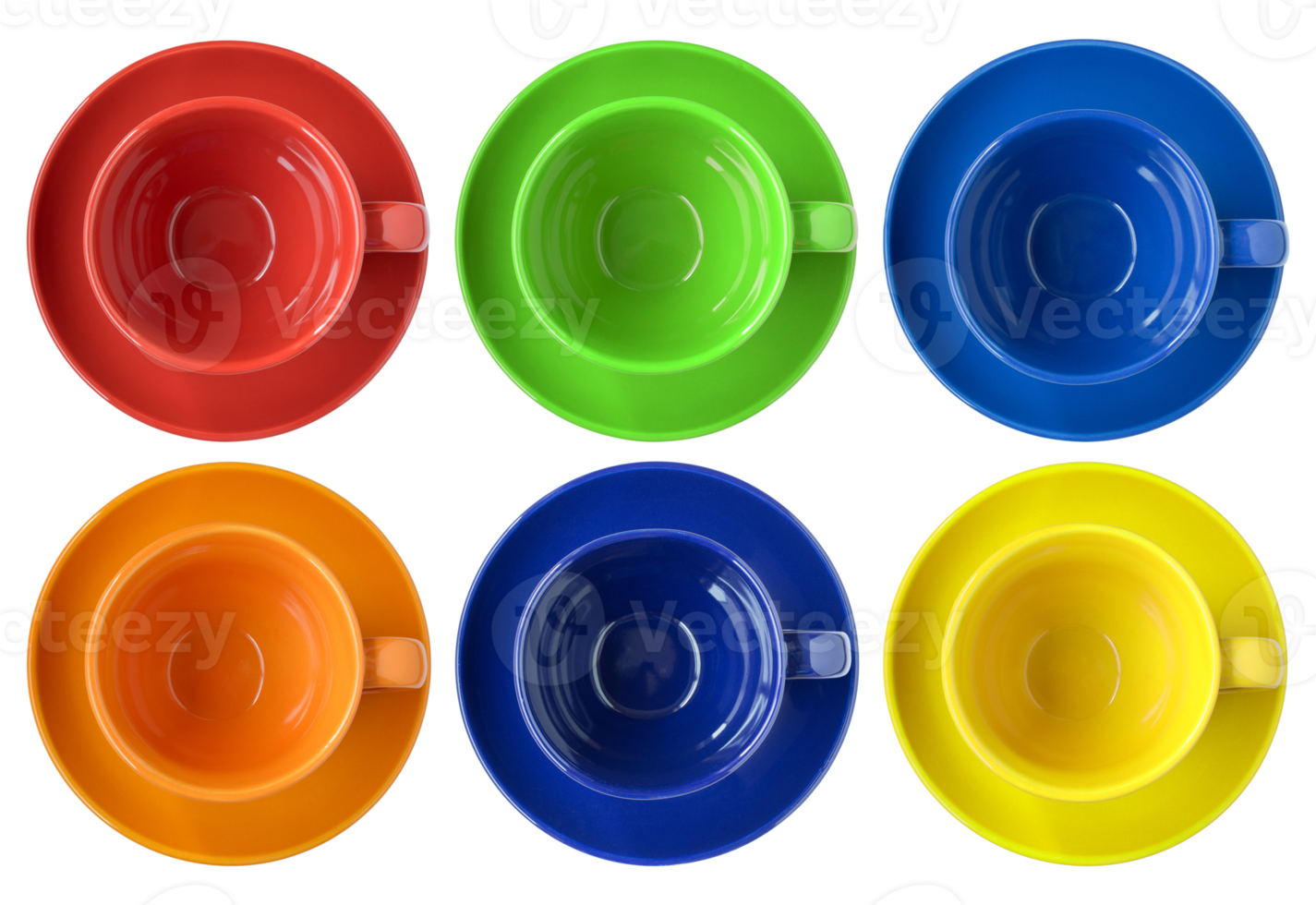 set of color cups and saucer isolated with clipping path for mockup png