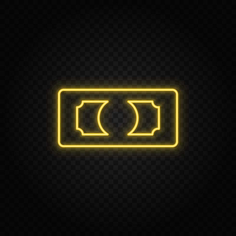 Yellow neon icon money, dollar.Transparent background. Yellow neon vector icon on dark background