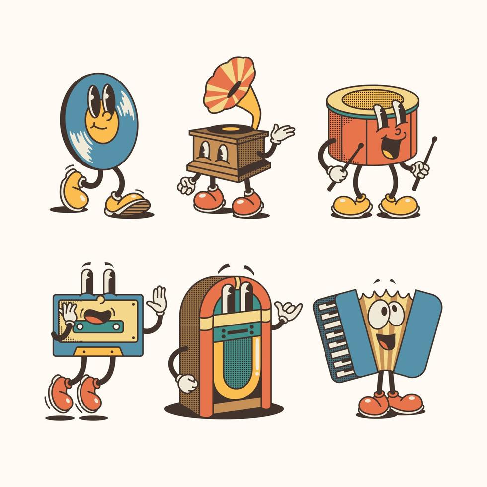 mano dibujado retro dibujos animados musical instrumentos colección vector