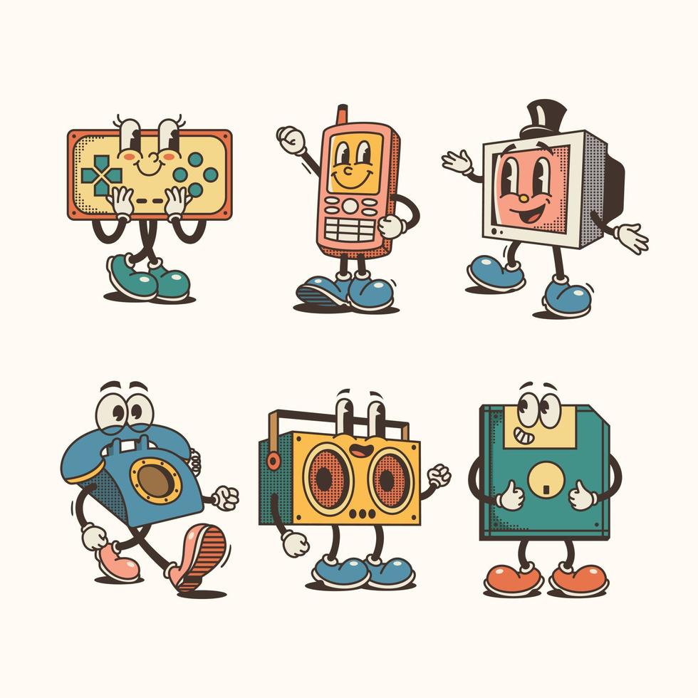Hand drawn retro cartoon gadgets collection vector