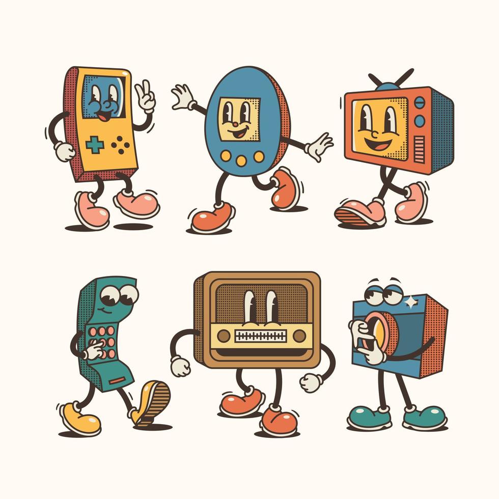 Hand drawn retro cartoon gadgets collection vector