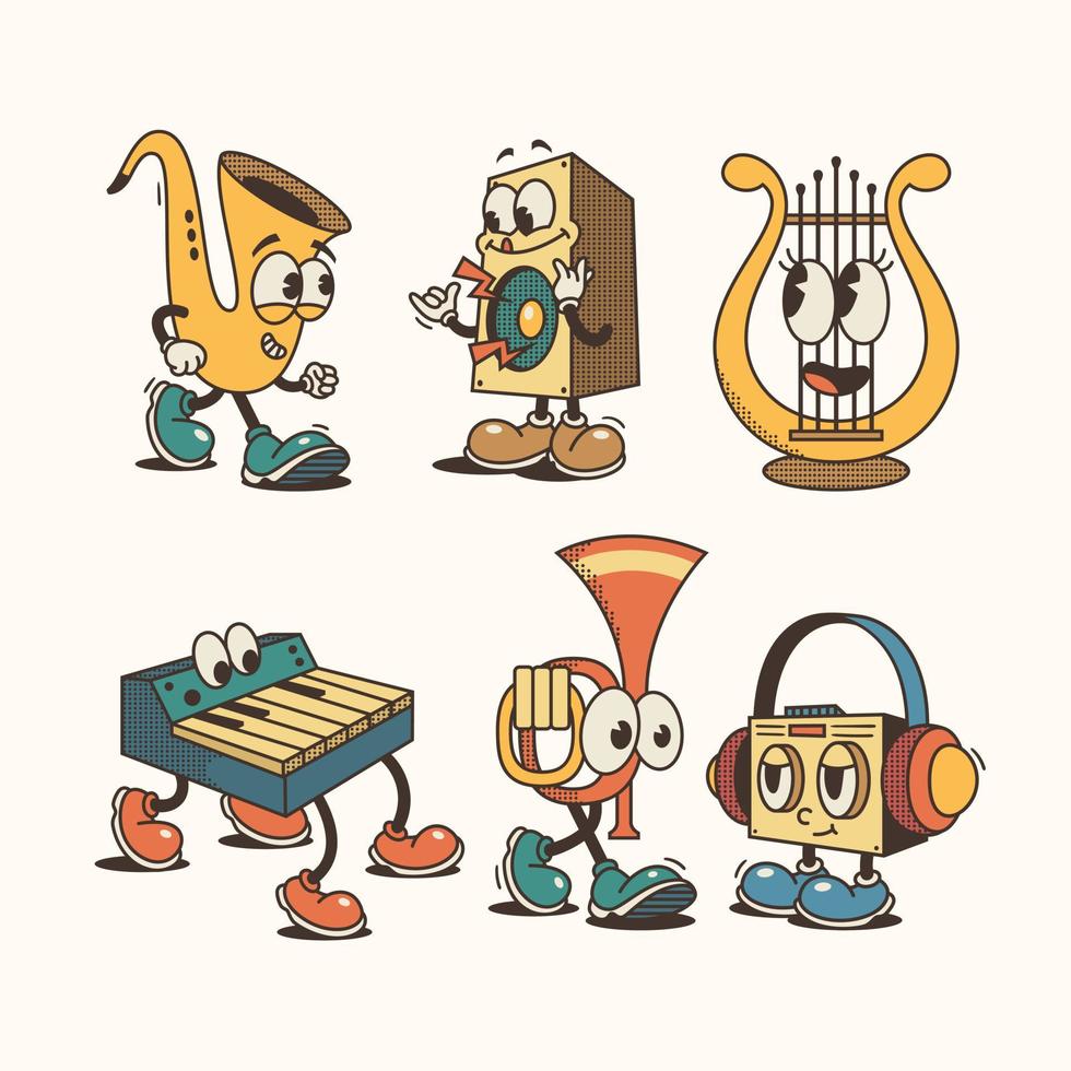 Hand drawn retro cartoon musical instruments collection vector