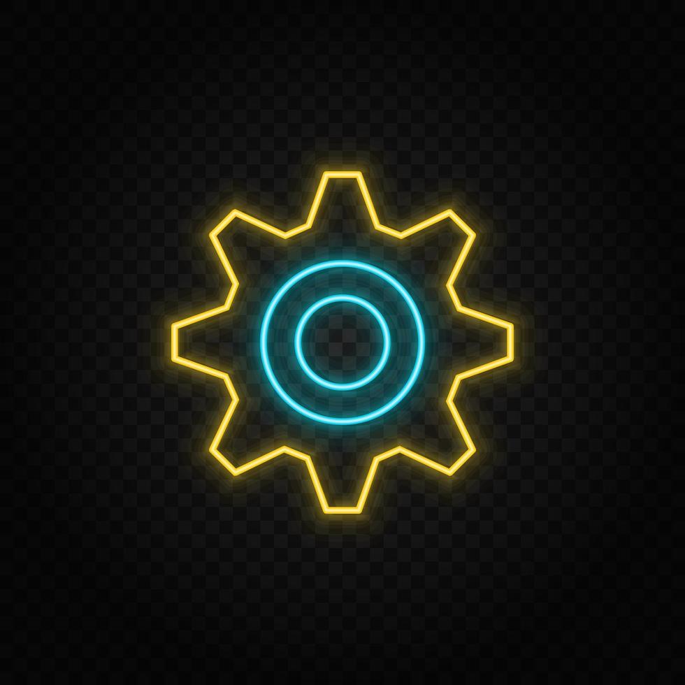 Gear, maintenance. Blue and yellow neon vector icon. Transparent background on dark background