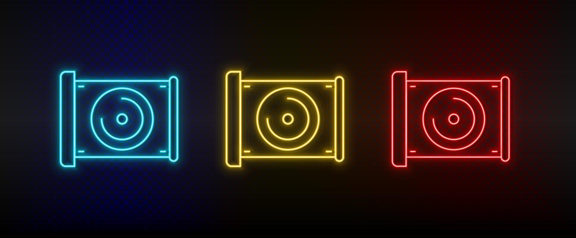 Neon icon set Audio cd. Set of red, blue, yellow neon vector icon on transparency dark background