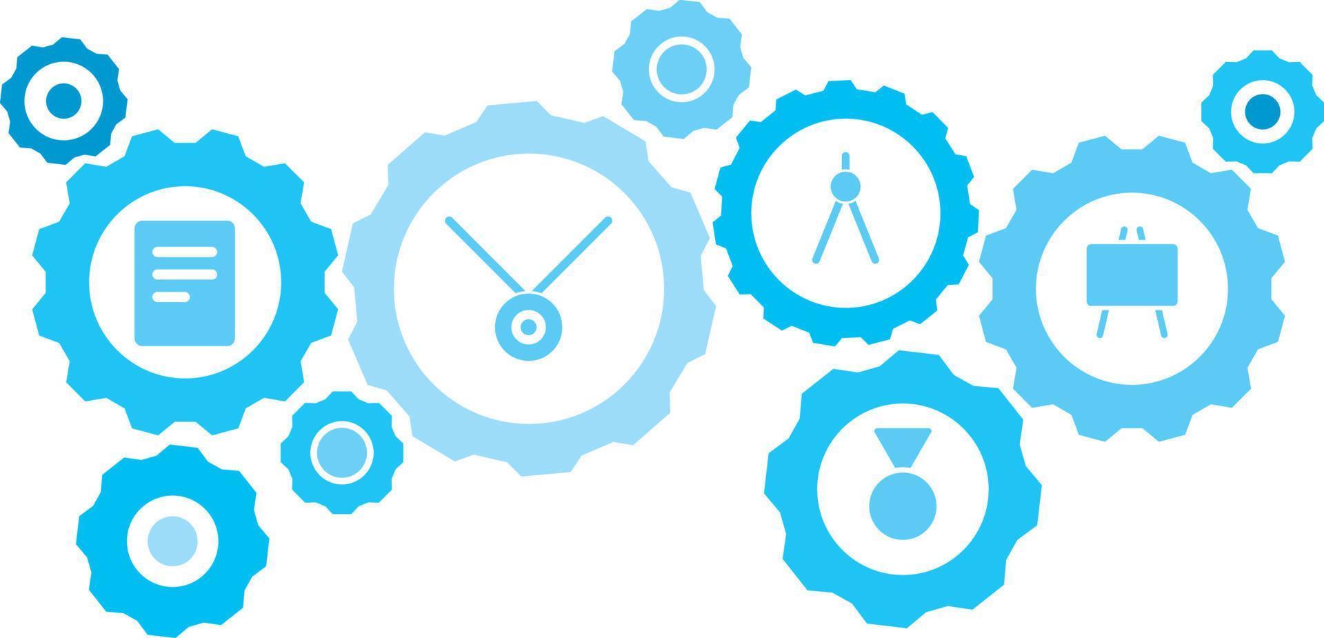 Connected gears and icons for logistic, service, shipping, distribution, transport, market, communicate concepts,blackboard gear blue icon set. Delivery mechanism concept. on white background vector