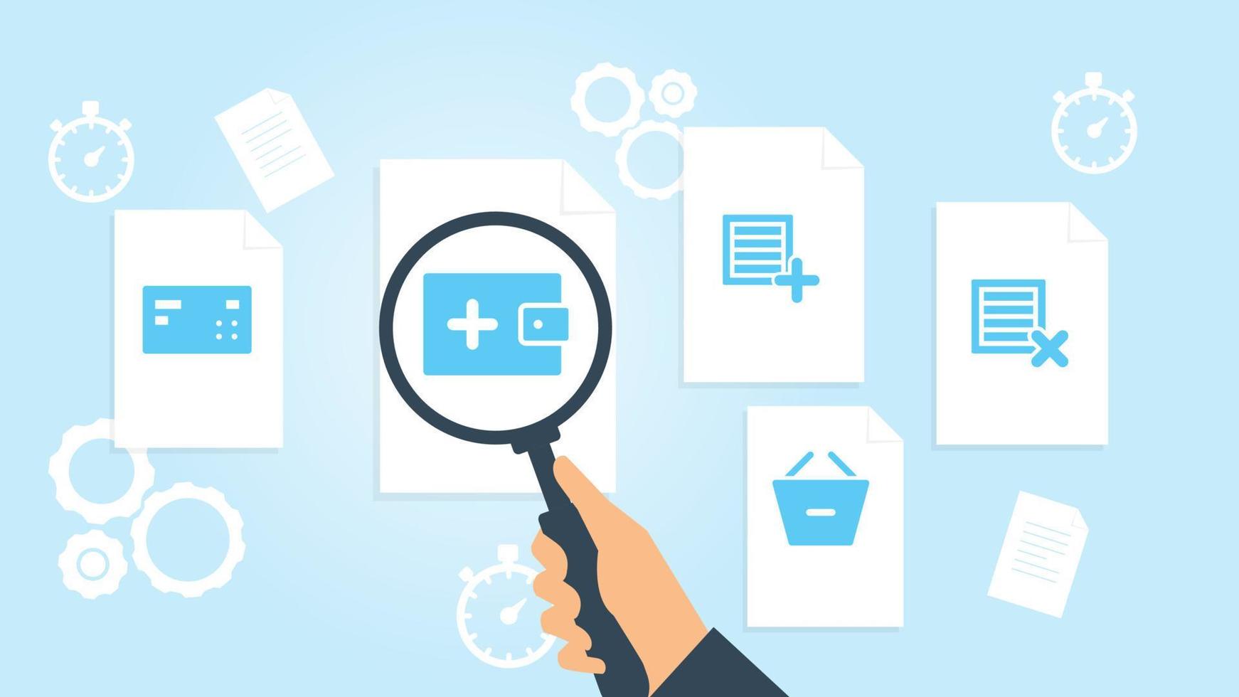 Document with search icons. File and magnifying glass. Analytics research sign. Vector Illustrationdelete ecommerce box file, document research vector illustration on white background