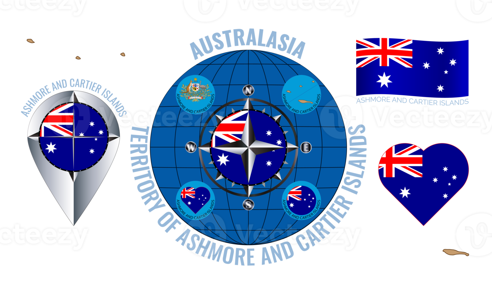 conjunto de ilustraciones de bandera, contorno mapa, íconos de territorio de Ashmore y Cartier islas australiano exterior territorio. viaje concepto. png