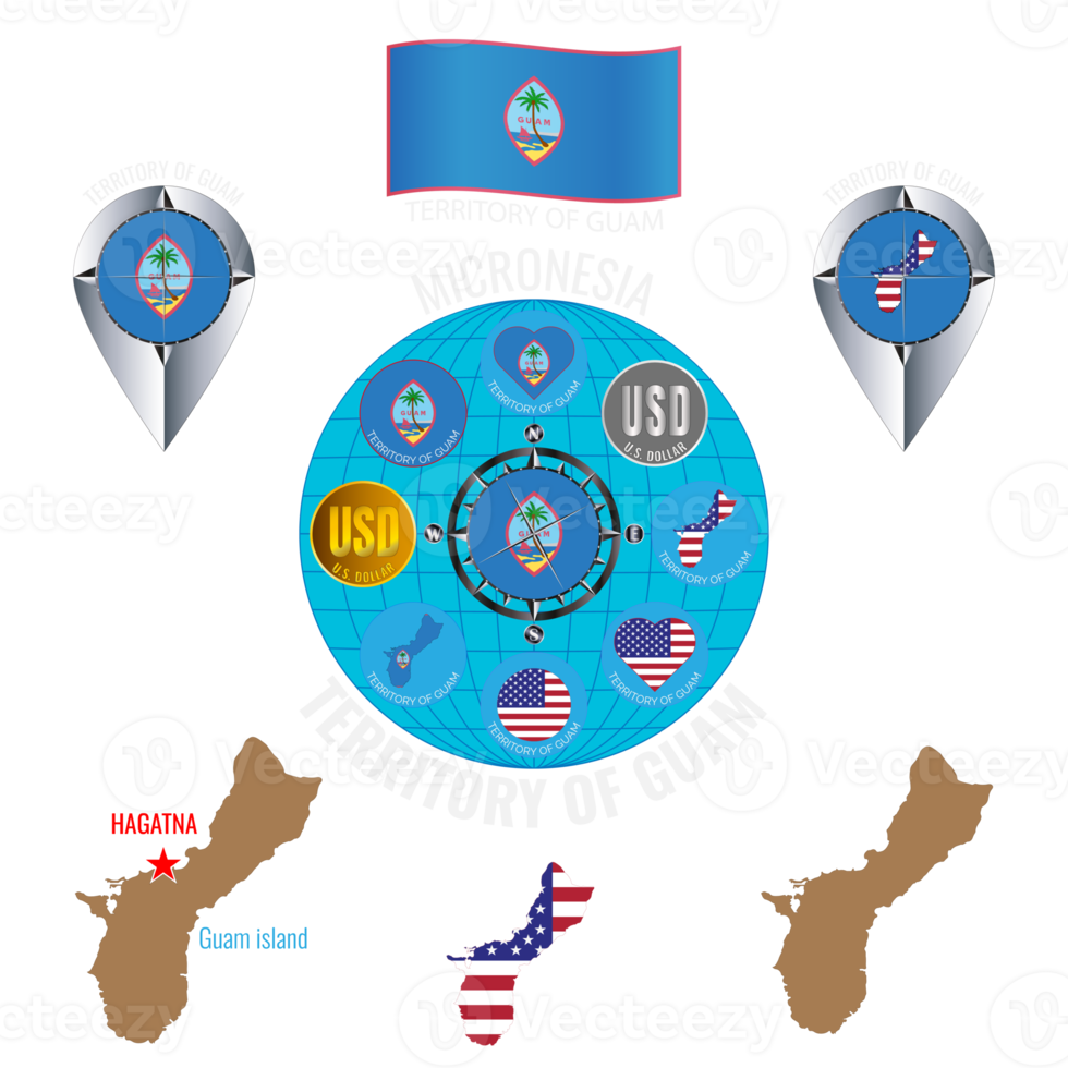 Set of illustrations of flag, contour map, money, icons of Guam island. Travel concept. png