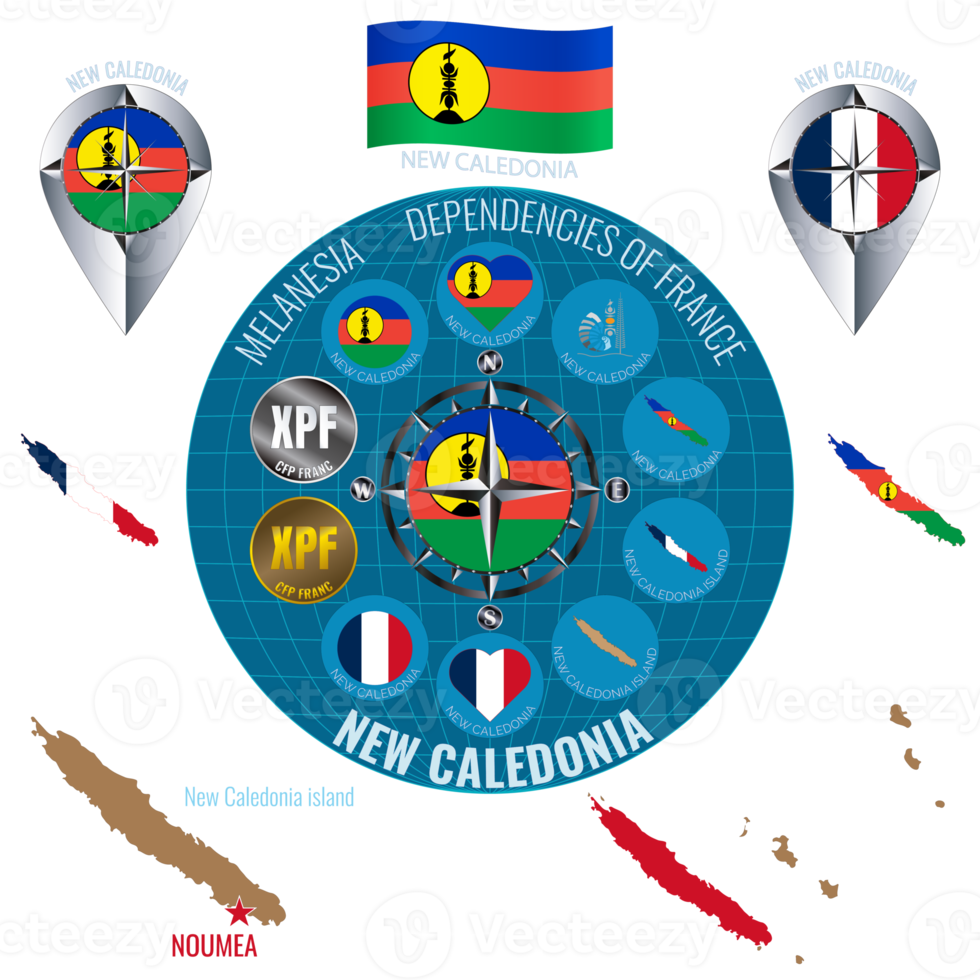 Set of illustrations of flag, contour map, money, icons of New Caledonia. DEPENDENCIES OF FRANCE. Travel concept. png