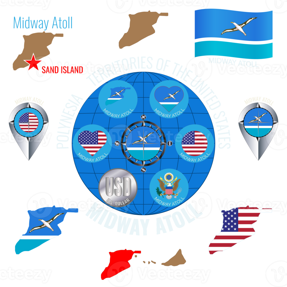 Set of illustrations of flag, contour map, money, icons of MIDWAY ATOLL. Travel concept. png