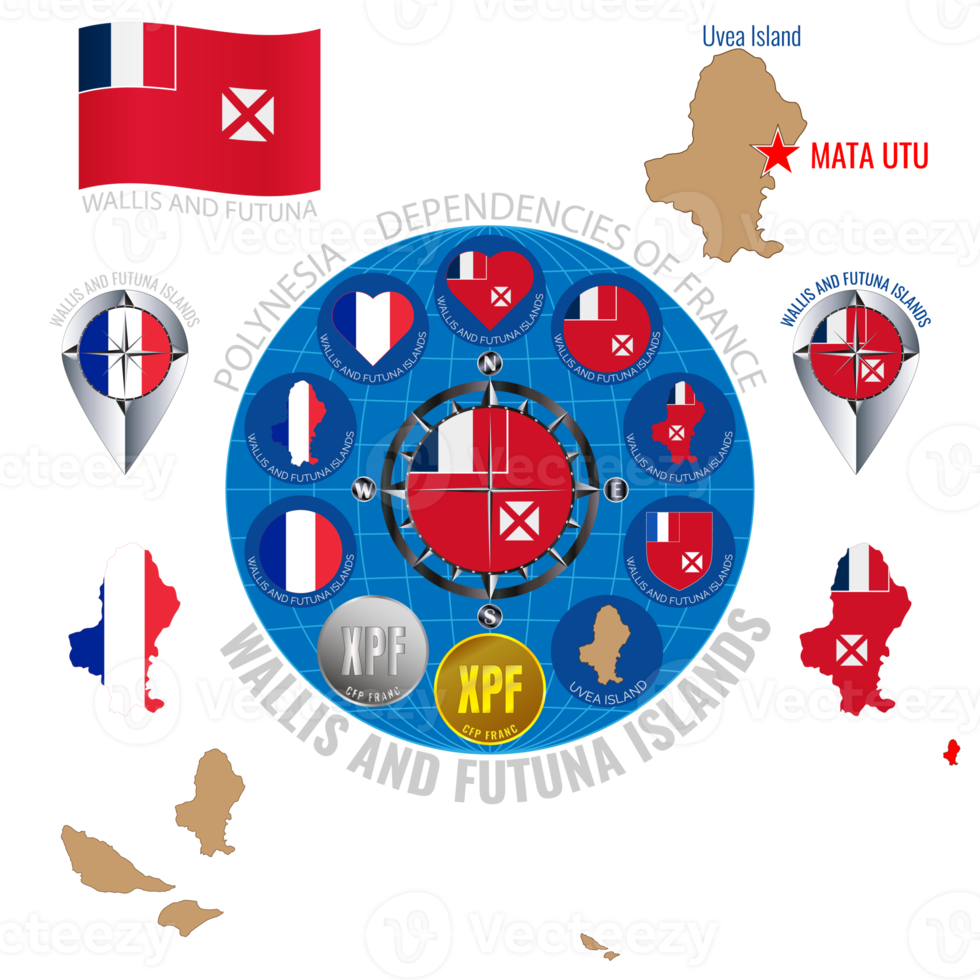 Set of illustrations of flag, contour map, money, icons of Wallis and Futuna Islands. Travel concept. png