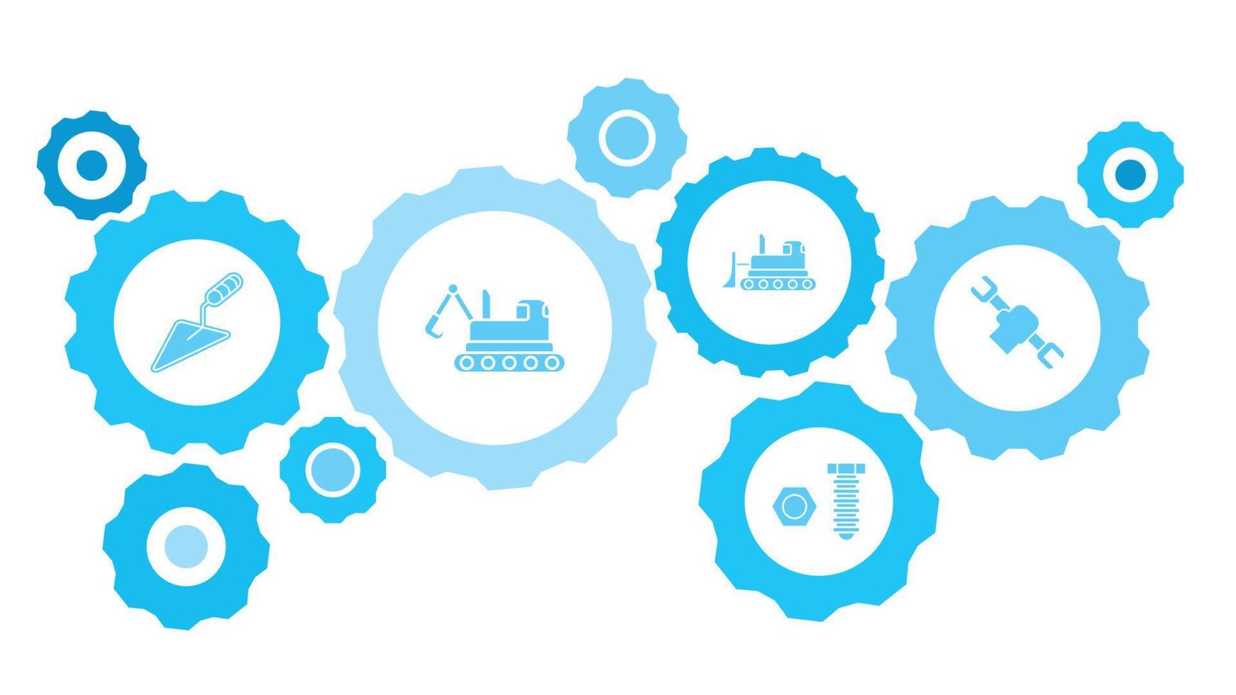 Connected gears and vector icons for logistic, service, shipping, distribution, transport, market, communicate concepts. building, construction, industry, wrench gear blue icon set on white background
