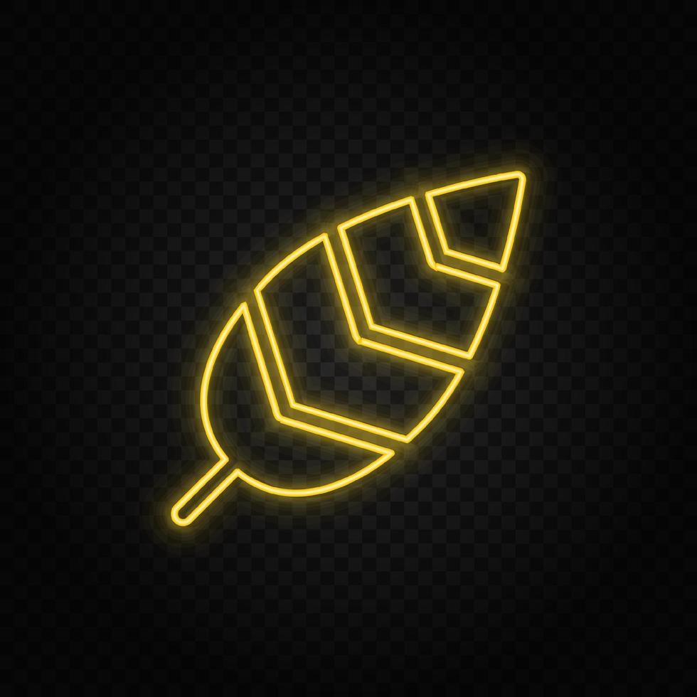 Yellow neon icon bird feather. Transparent background. Yellow neon vector icon on dark background