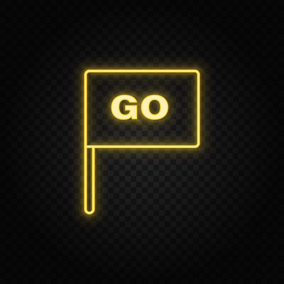 Yellow neon icon flag, go.Transparent background. Yellow neon vector icon on dark background