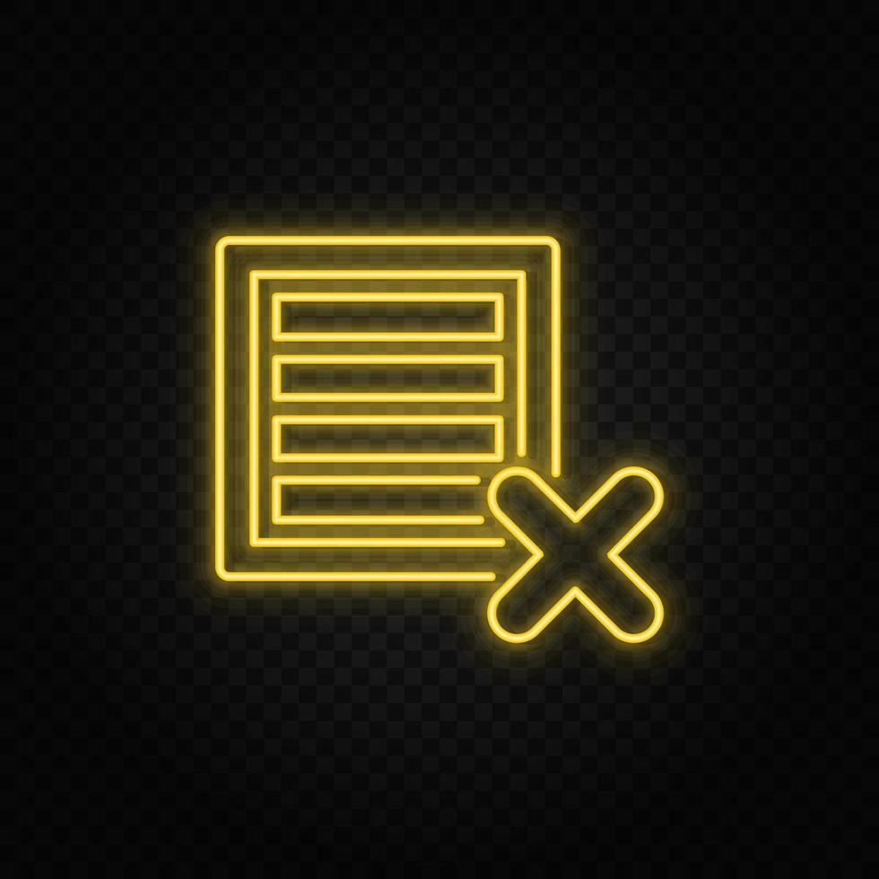 Yellow neon icon delete, ecommerce, box.Transparent background. Yellow neon vector icon on dark background