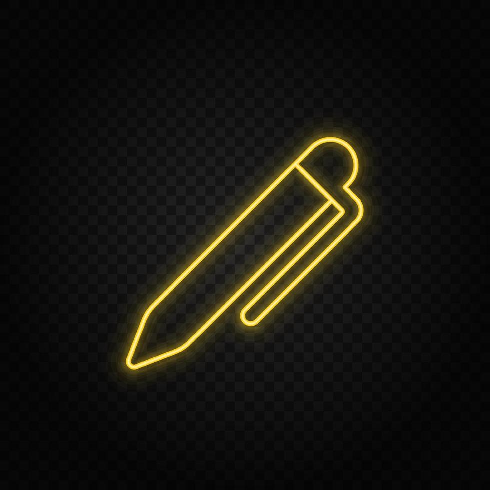 Yellow neon icon pencil. Transparent background. Yellow neon vector icon on dark background