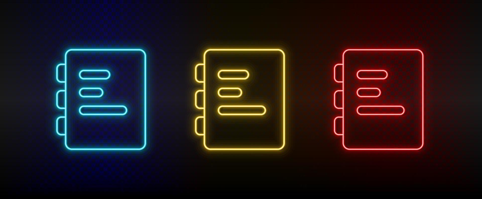 Neon icons, document. Set of red, blue, yellow neon vector icon on darken transparent background