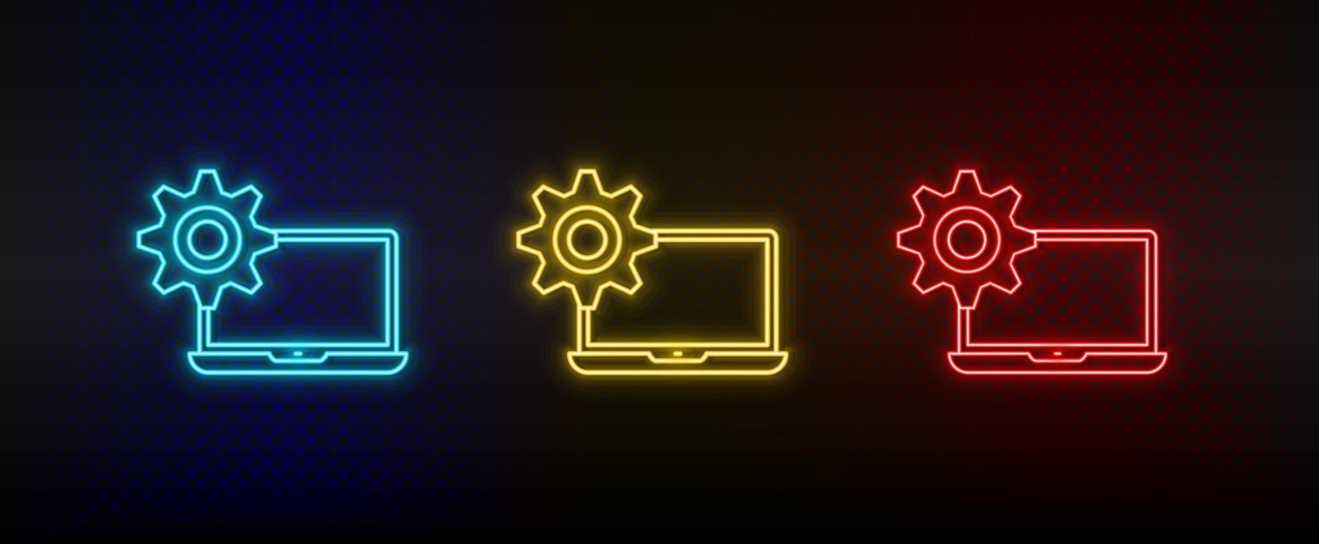 Neon icon set Computer service. Set of red, blue, yellow neon vector icon on transparency dark background