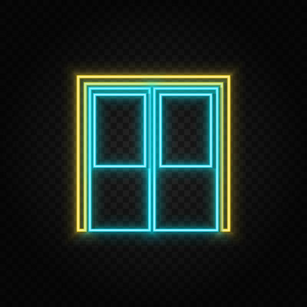 Door, icon neon icon. Blue and yellow neon vector icon. Transparent background