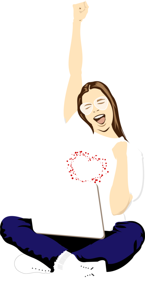 A girl is sitting with her hand raised up in joy with a laptop screen png