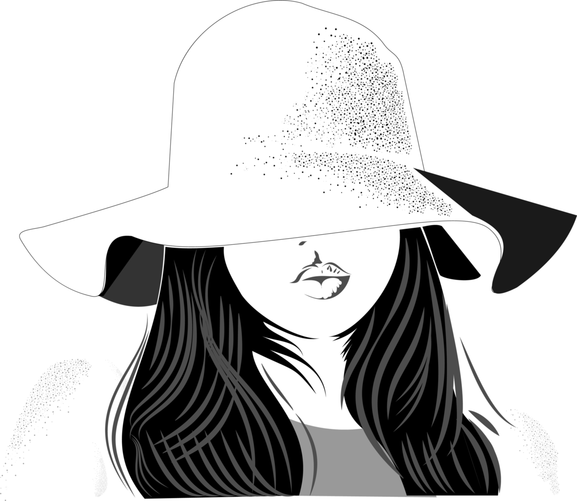 A girl wears a large hat that covers part of her face and her hair falls on her shoulders png