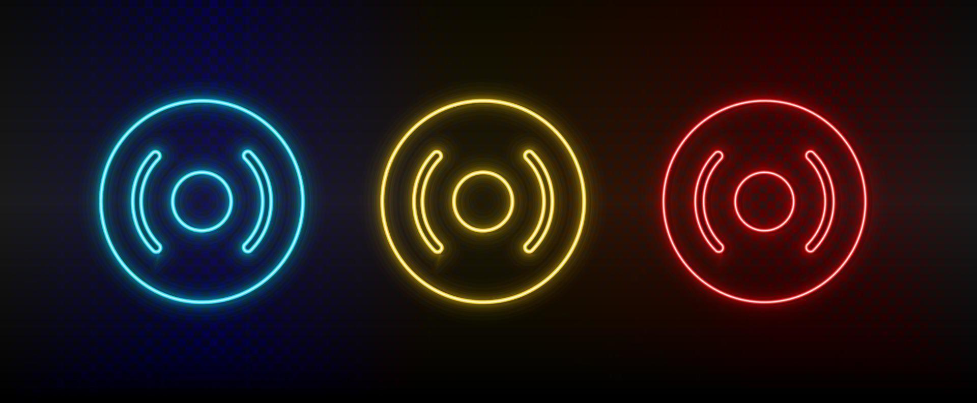 Neon icons, cd, disk, dvd. Set of red, blue, yellow neon vector icon on darken transparent background