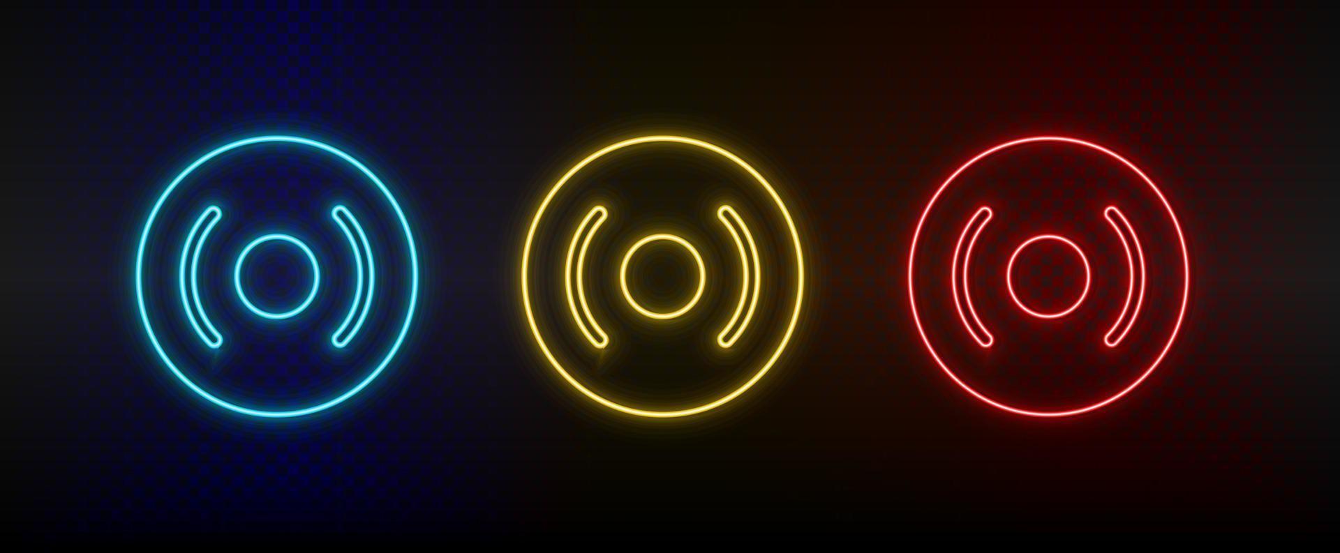 Neon icons, cd, disk, dvd. Set of red, blue, yellow neon vector icon on darken transparent background