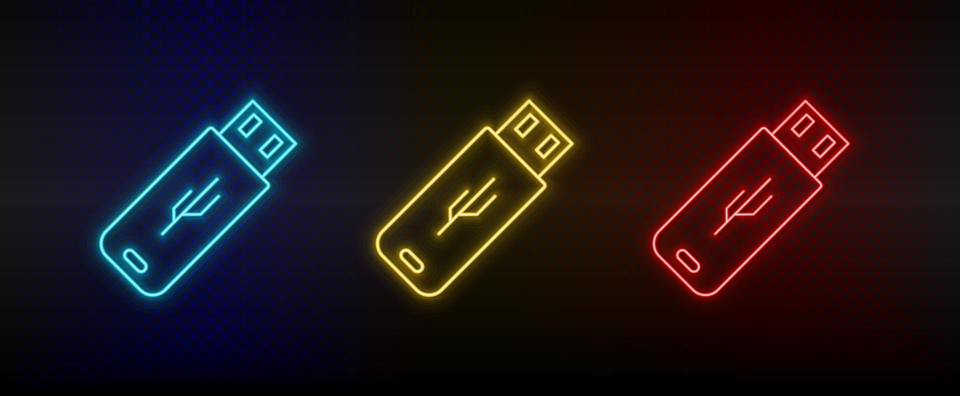 Neon icon set Cable connector. Set of red, blue, yellow neon vector icon on transparency dark background