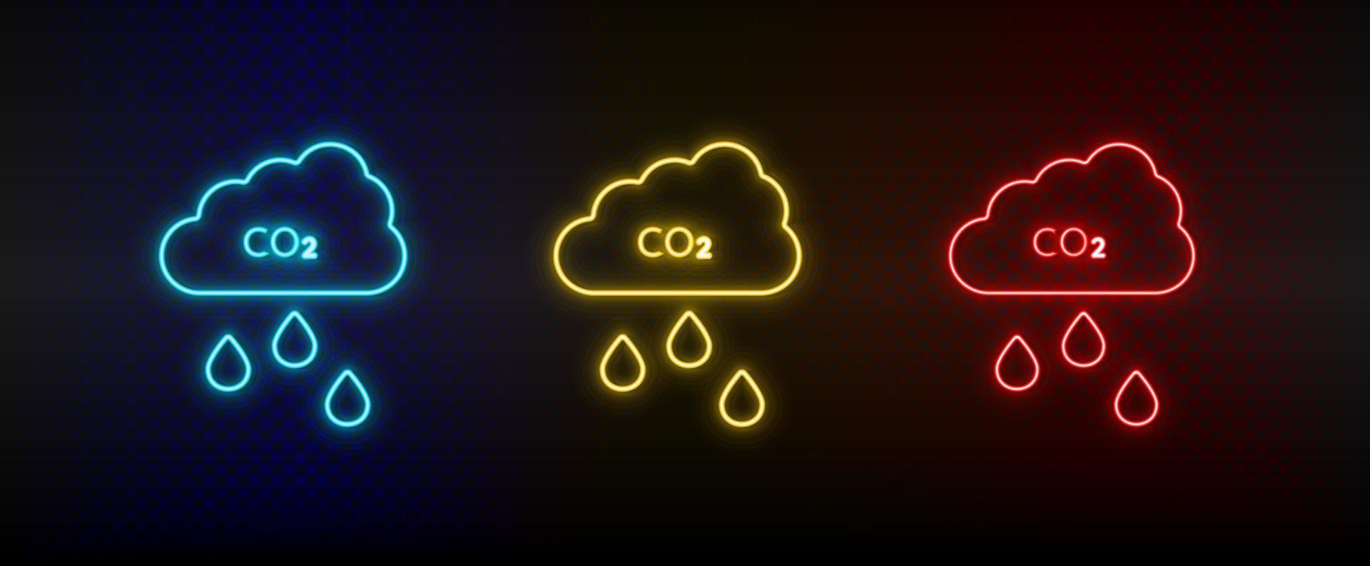 Neon icon set co2, cloud. Set of red, blue, yellow neon vector icon on transparency dark background