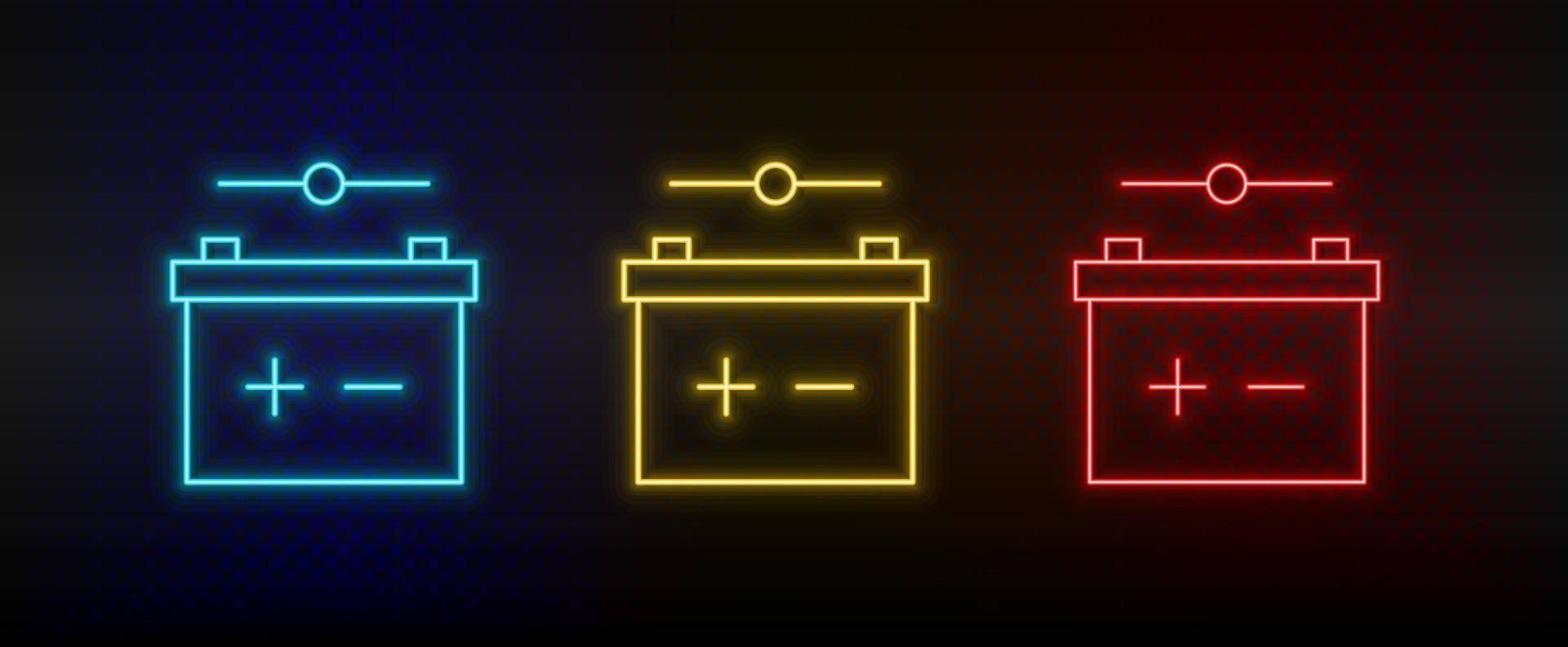 Neon icon set battery, contact. Set of red, blue, yellow neon vector icon on transparency dark background