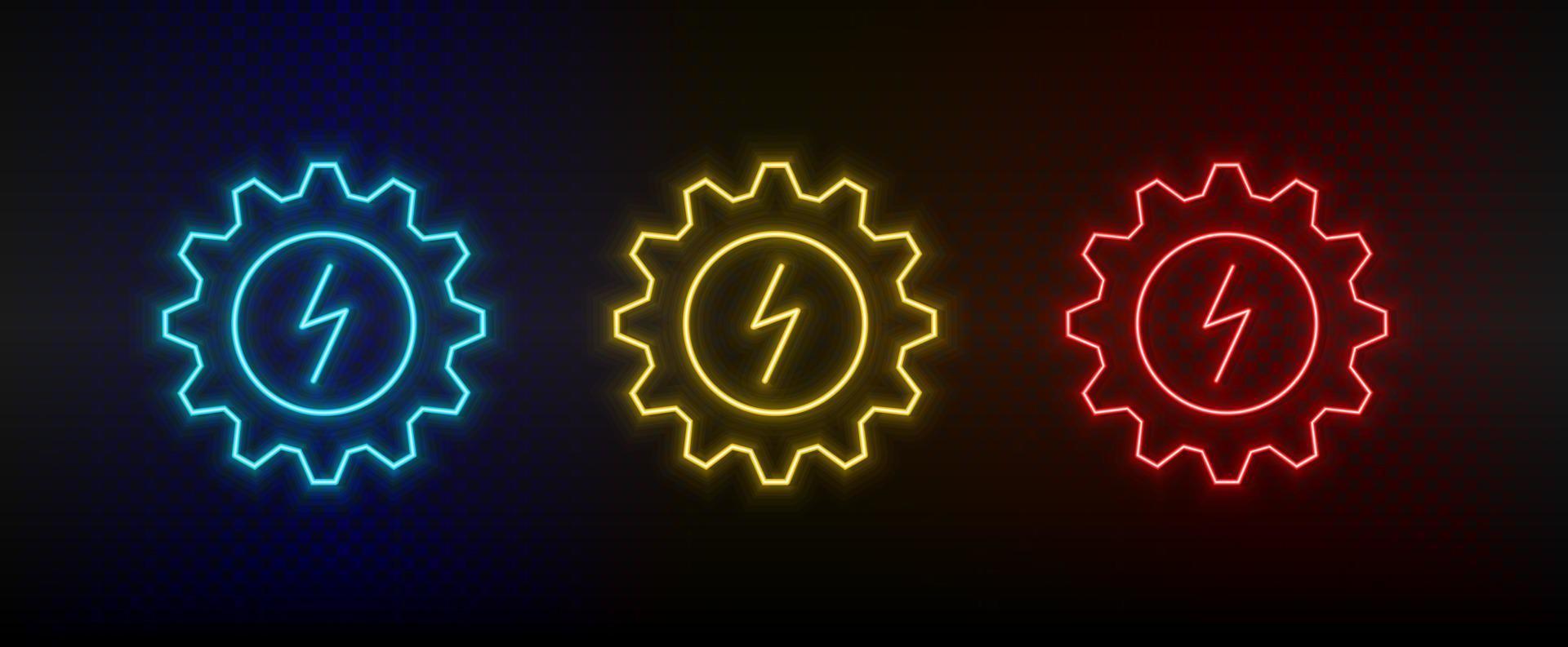 Neon icon set setting, eco, lighting. Set of red, blue, yellow neon vector icon on transparency dark background