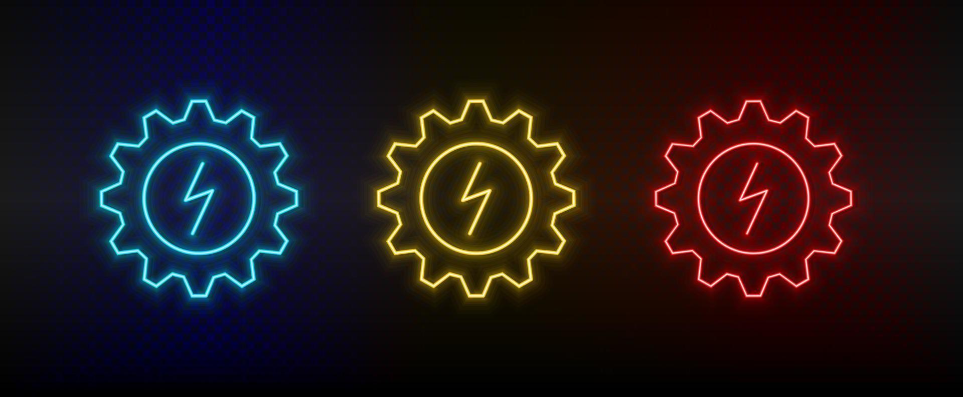 Neon icon set setting, eco, lighting. Set of red, blue, yellow neon vector icon on transparency dark background