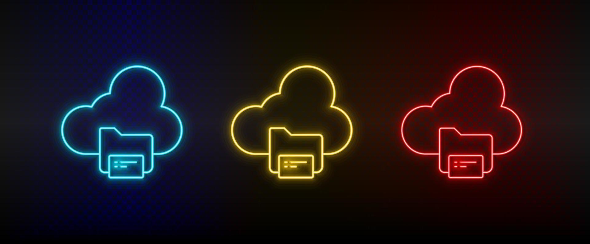 Neon icon set Backup cloud files. Set of red, blue, yellow neon vector icon on transparency dark background