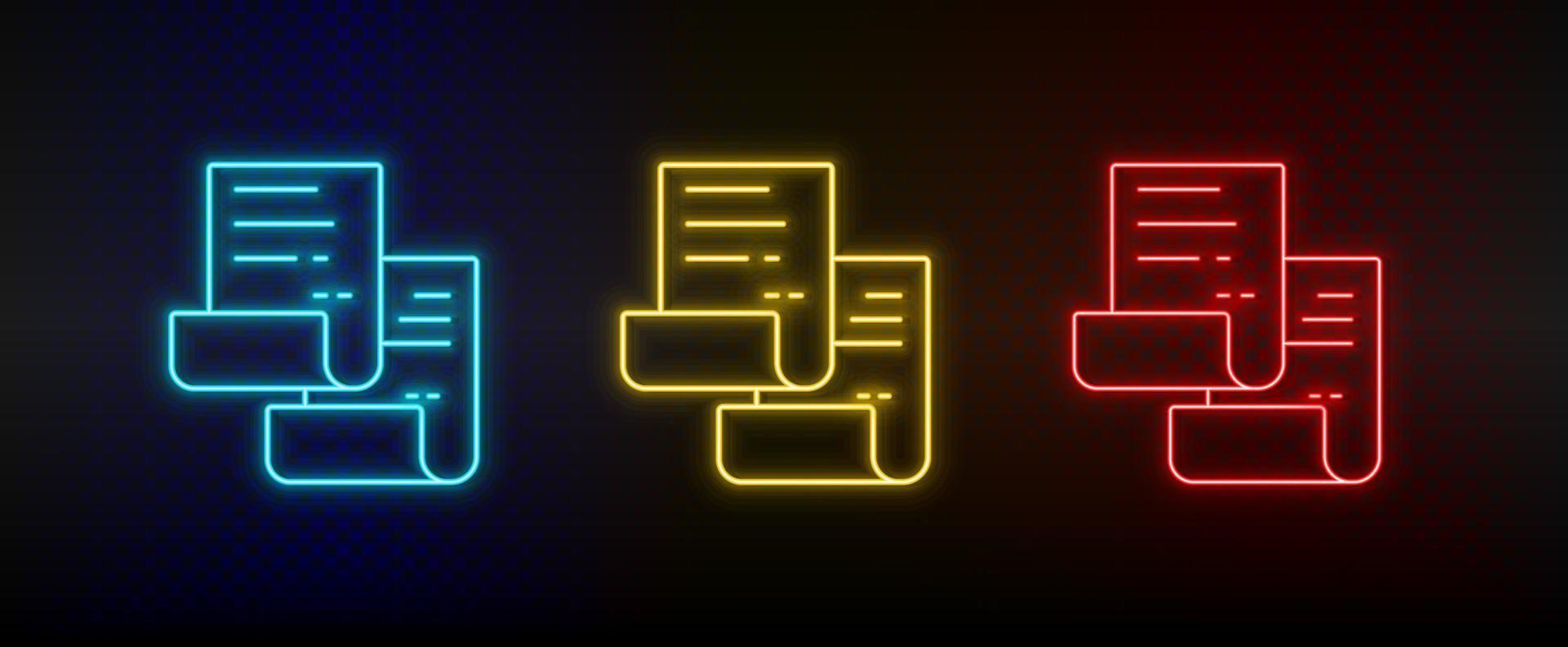 Neon icon set Copy document. Set of red, blue, yellow neon vector icon on transparency dark background