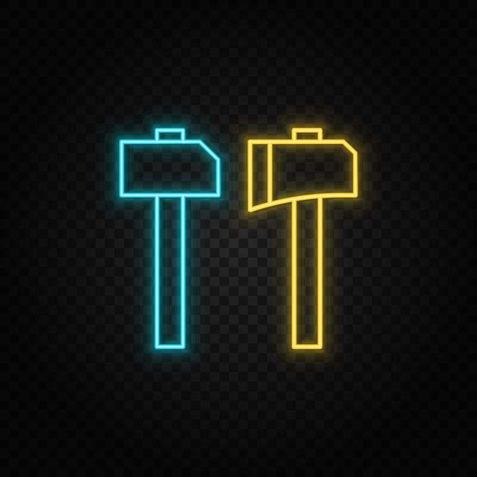 axe, hammer. Blue and yellow neon vector icon. Vector transparent background