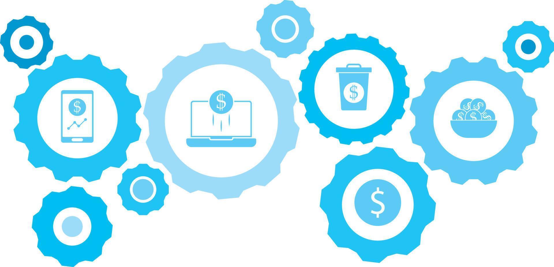 Connected gears and vector icons for logistic, service, shipping, distribution, transport, market, communicate concepts. gear blue icon setcash delivery, drone business .