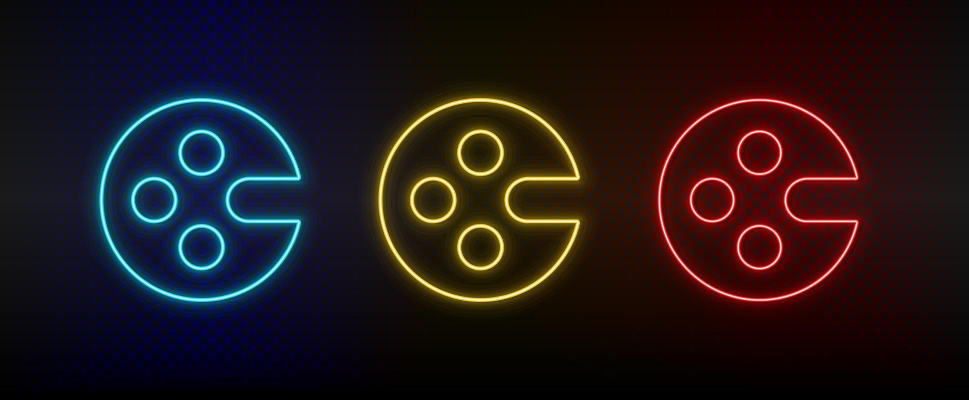 Neon icons, art, artist, drawing. Set of red, blue, yellow neon vector icon on darken transparent background
