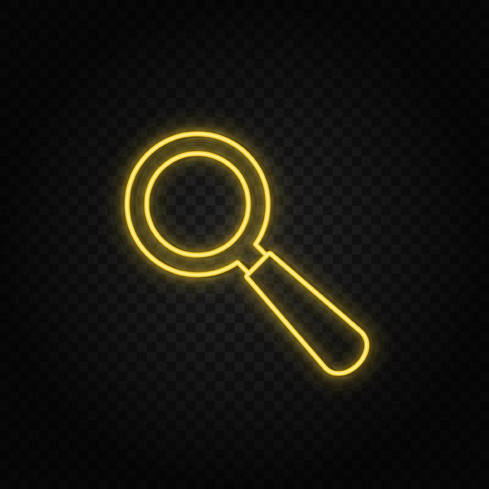 Yellow neon icon search, loupe. Transparent background. Yellow neon vector icon on dark background