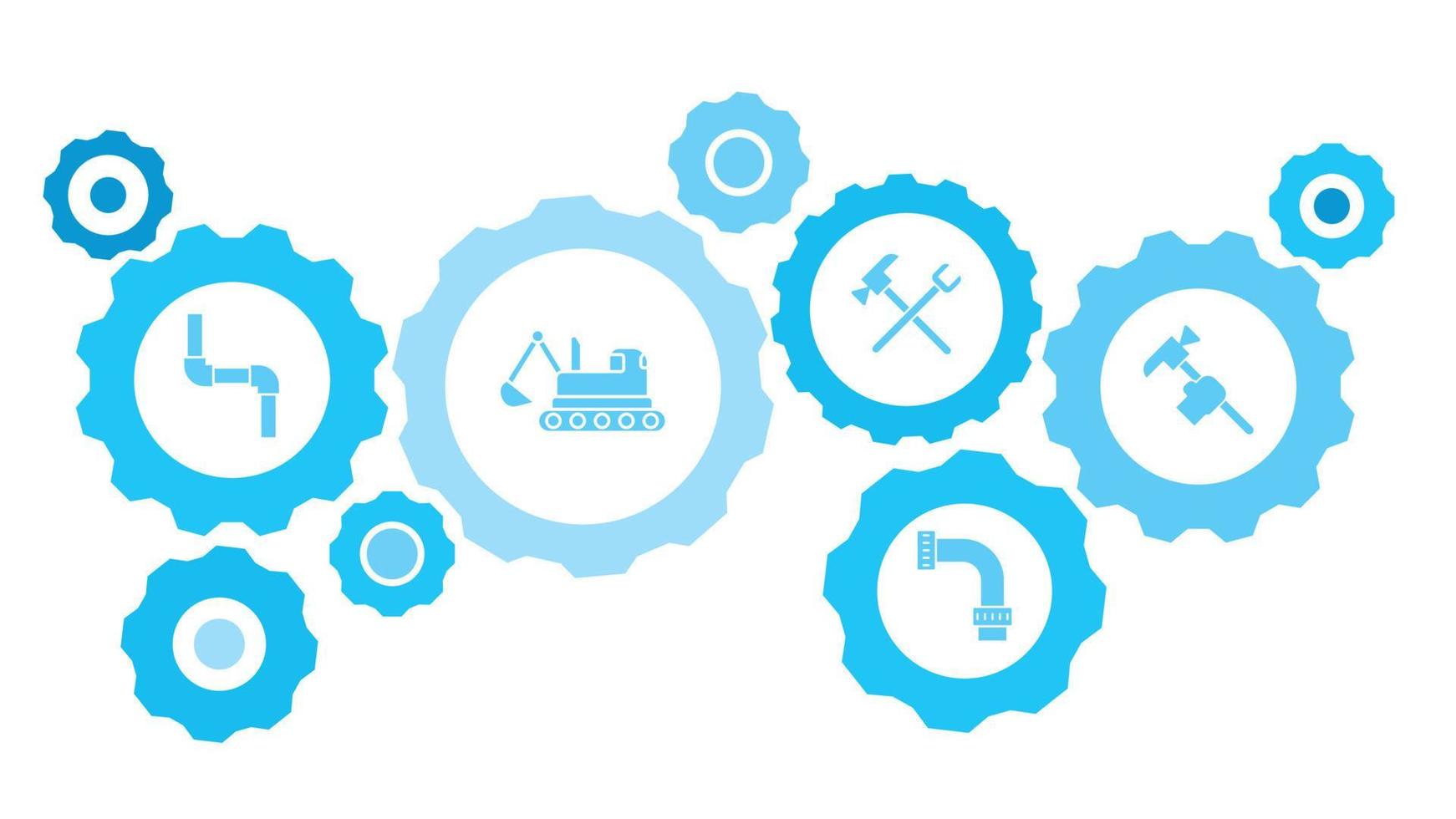 Connected gears and vector icons for logistic, service, shipping, distribution, transport, market, communicate concepts. building, construction, industry, hammer gear blue icon set on white background