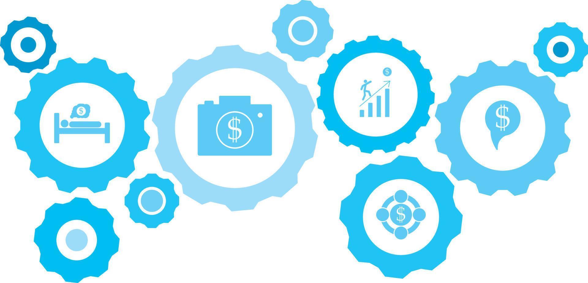 Connected gears and vector icons for logistic, service, shipping, distribution, transport, market, communicate concepts. gear blue icon setclimate, meteorology .