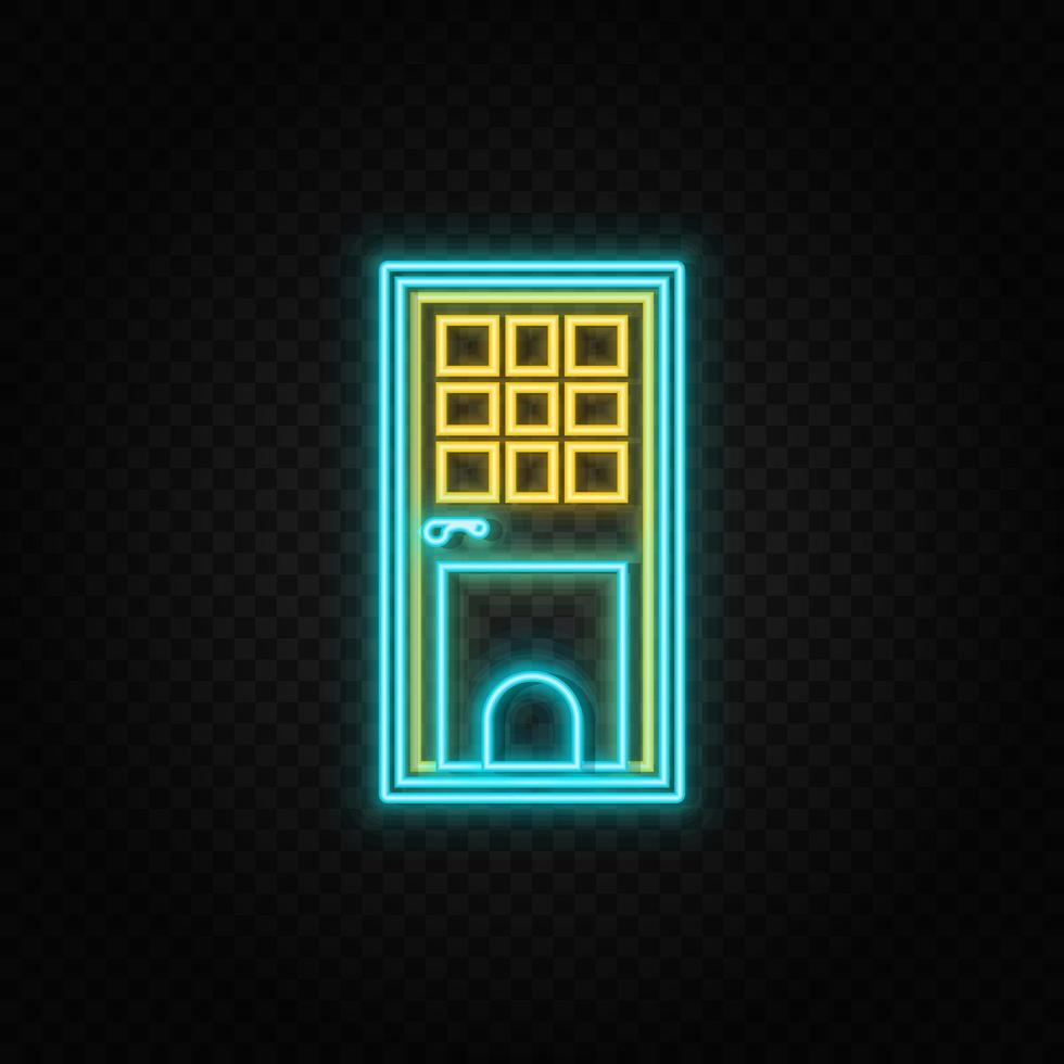 Door, icon neon icon. Blue and yellow neon vector icon. Transparent background