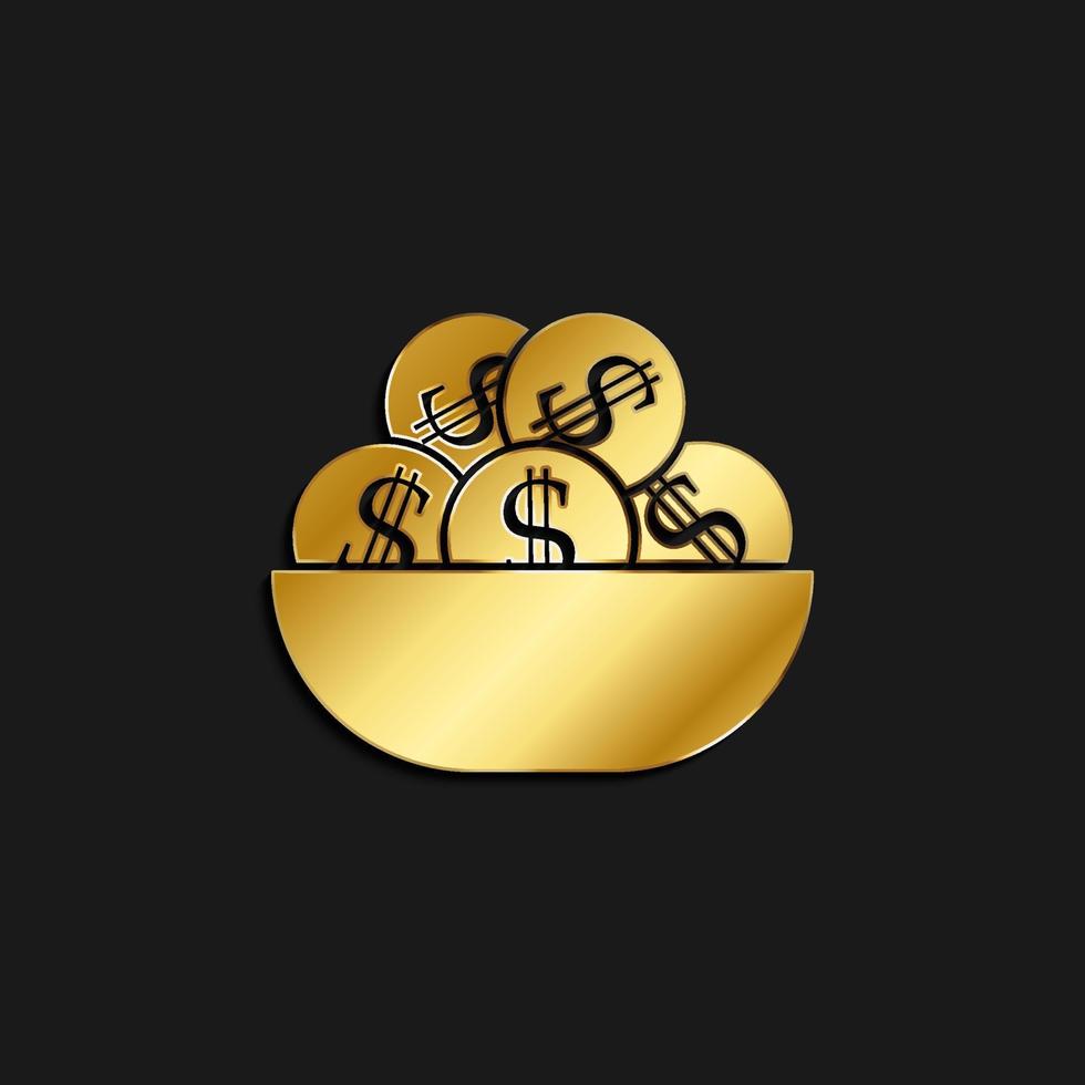 A bowl, dollar, business gold icon. Vector illustration of golden dark background. Gold vector icon