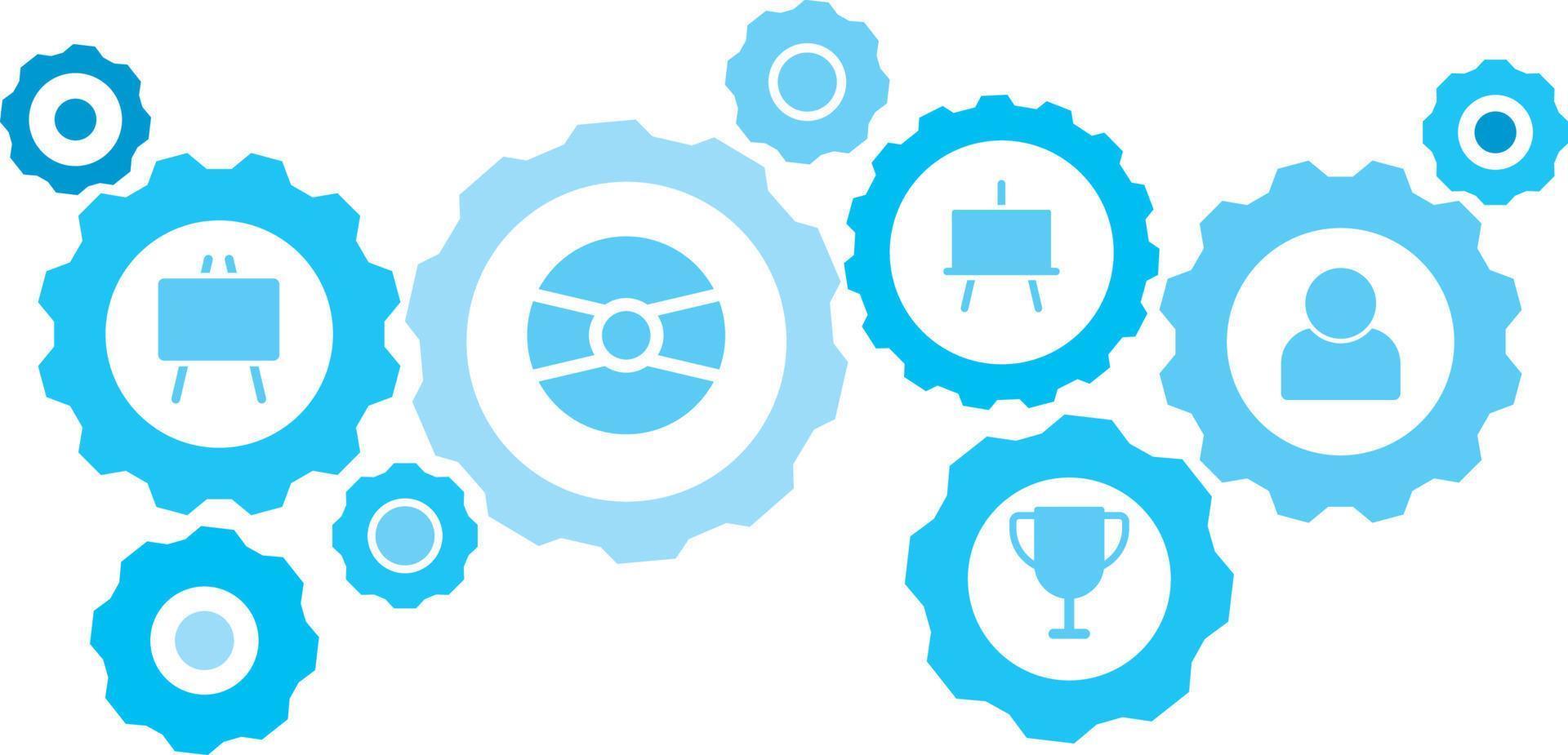 Connected gears and icons for logistic, service, shipping, distribution, transport, market, communicate concepts,avatar gear blue icon set. Delivery mechanism concept. on white background vector