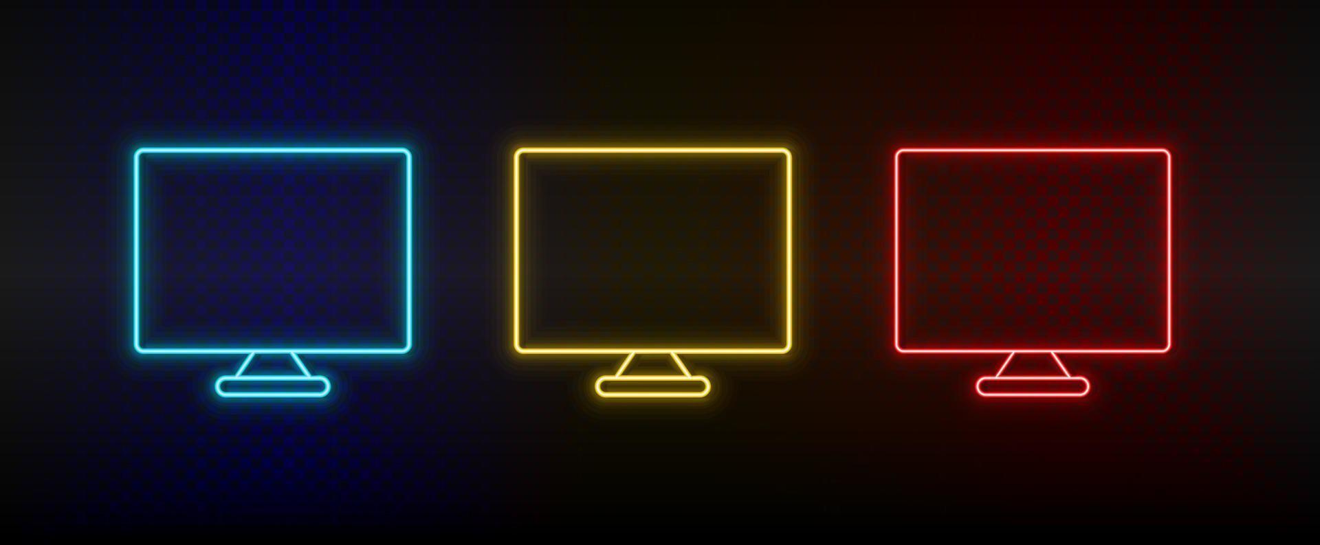 Neon icons, monitor, computer. Set of red, blue, yellow neon vector icon on darken transparent background