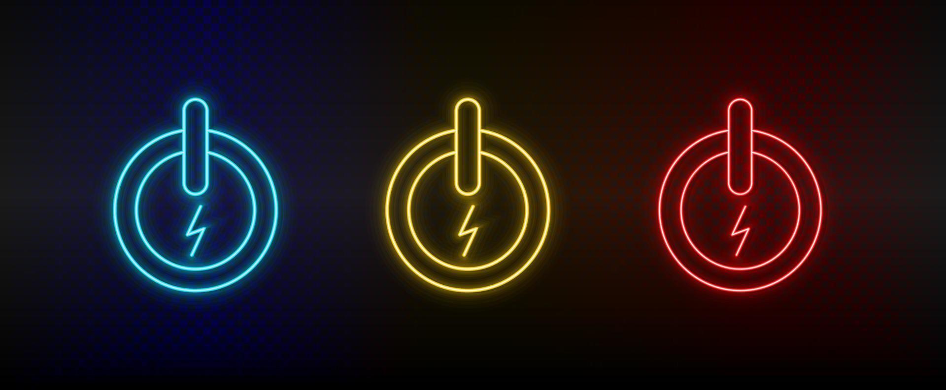 Neon icon set button, eco, energy. Set of red, blue, yellow neon vector icon on transparency dark background