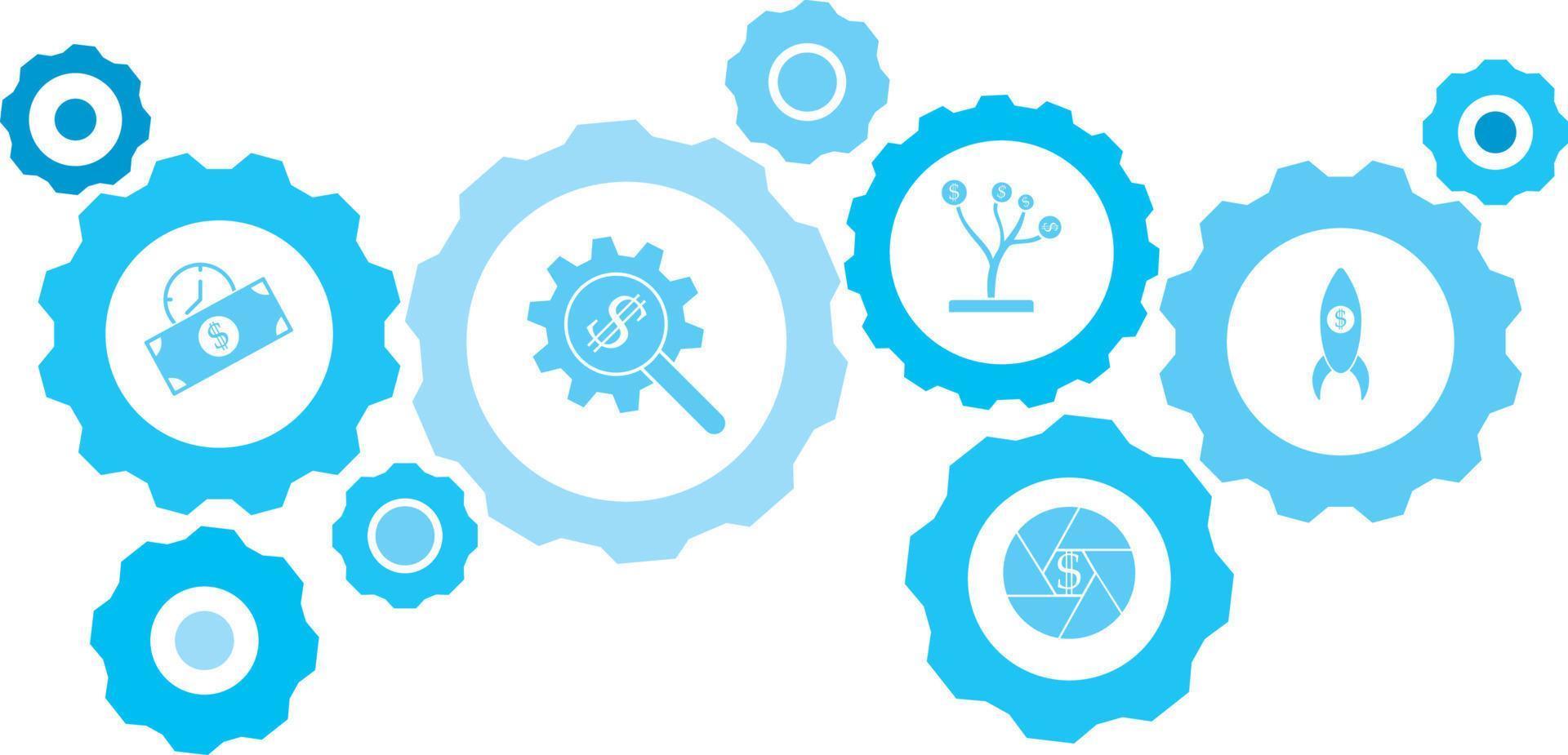 Connected gears and vector icons for logistic, service, shipping, distribution, transport, market, communicate concepts. gear blue icon setfinance, financial radar .