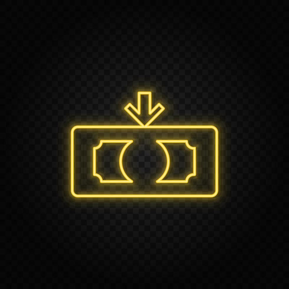 Yellow neon icon cash, finance, money.Transparent background. Yellow neon vector icon on dark background