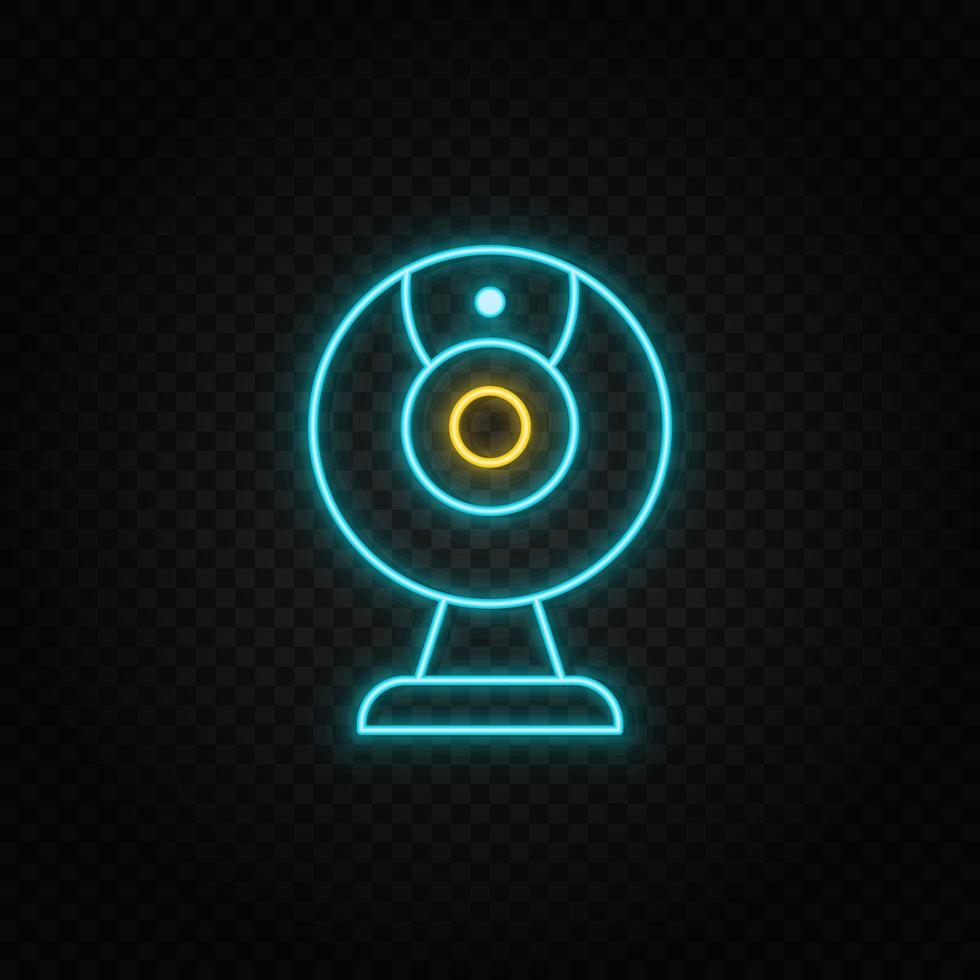 Cam, camera. Blue and yellow neon vector icon. Transparent background on dark background