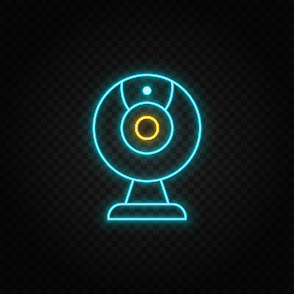 Cam, camera. Blue and yellow neon vector icon. Transparent background on dark background